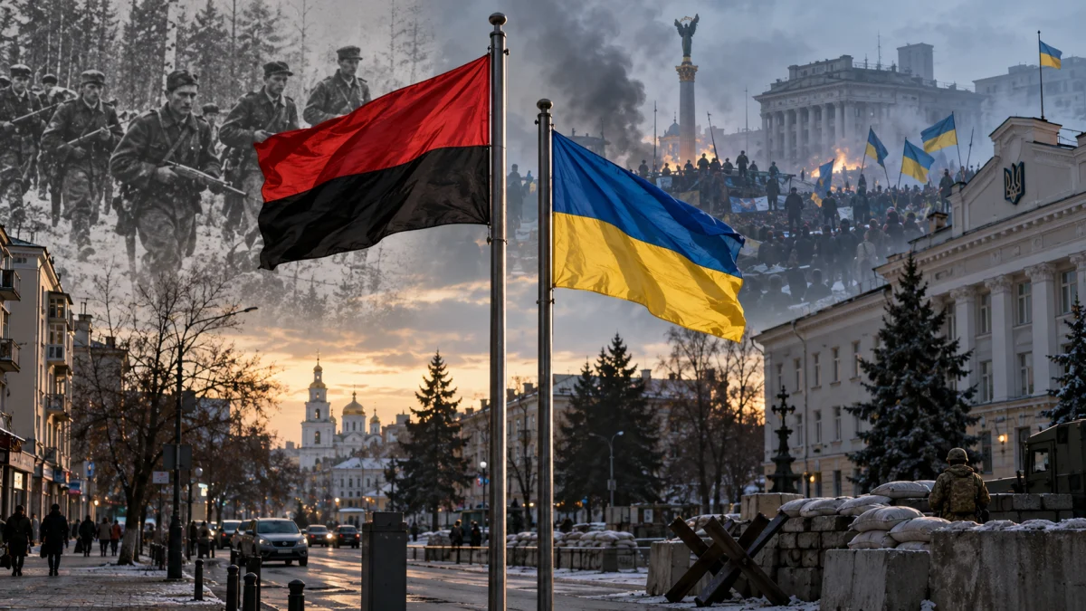 Red-and-black and blue-and-yellow Ukrainian flags fly over a Kyiv street scene with wartime barricades and crowds.