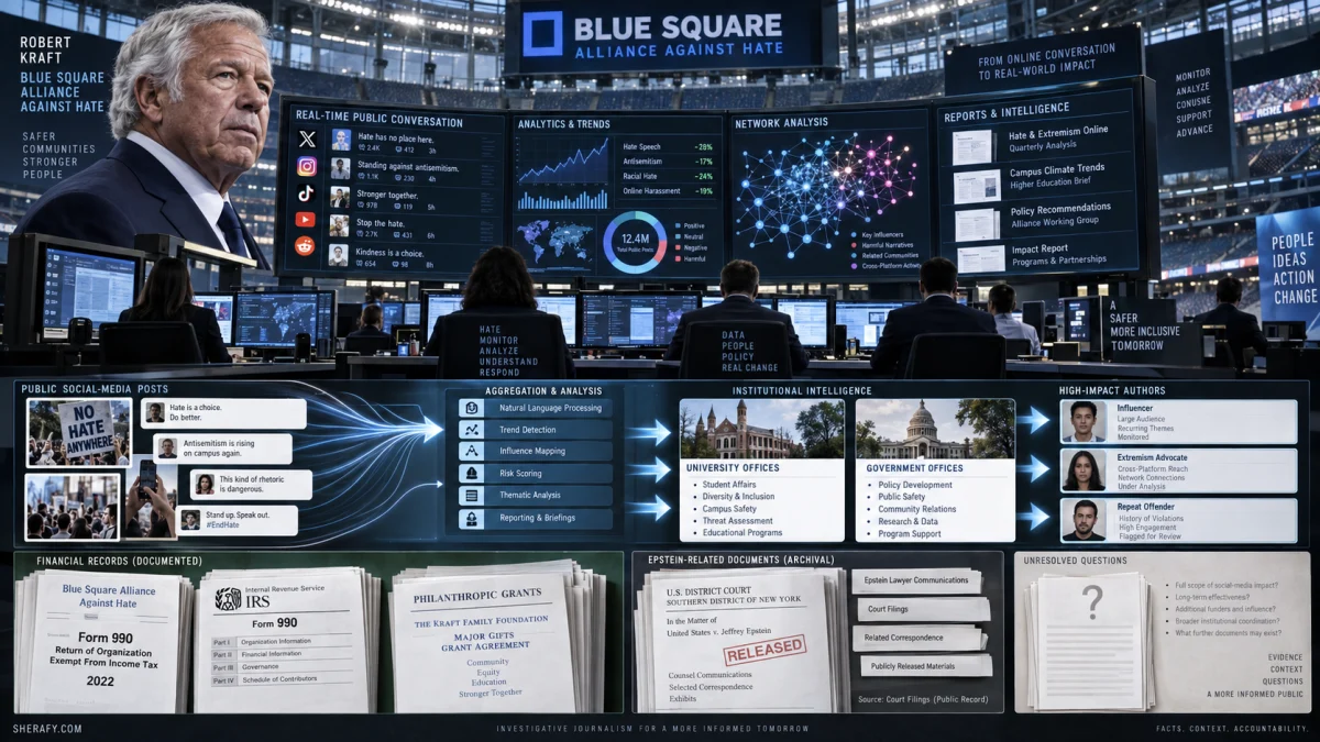 A large infographic showing Robert Kraft, monitoring dashboards, social media analysis, institutional intelligence, funding documents, and Epstein-related files.