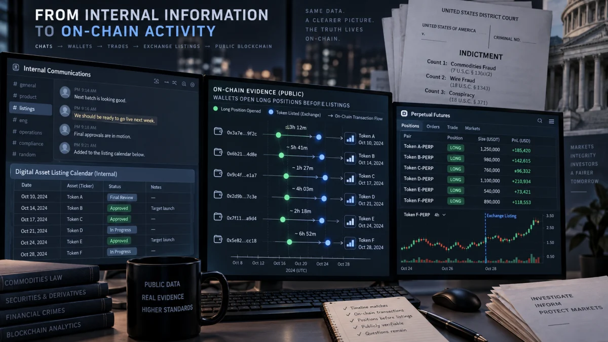 Editorial illustration of crypto trading screens, internal communications, on-chain evidence, and a U.S. indictment document on a desk.