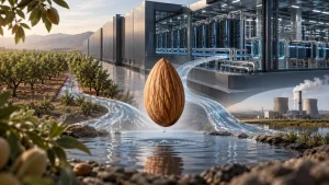 Illustration of an almond floating above flowing water between an orchard and a data center, with a power plant in the background.