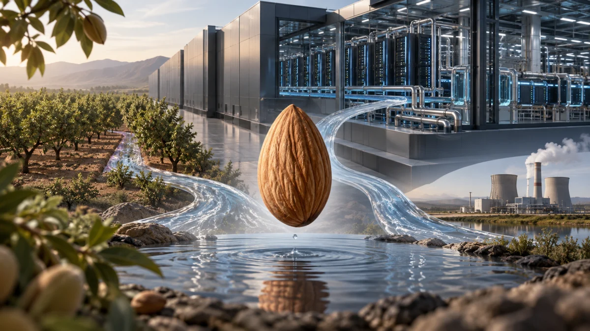 Illustration of an almond floating above flowing water between an orchard and a data center, with a power plant in the background.