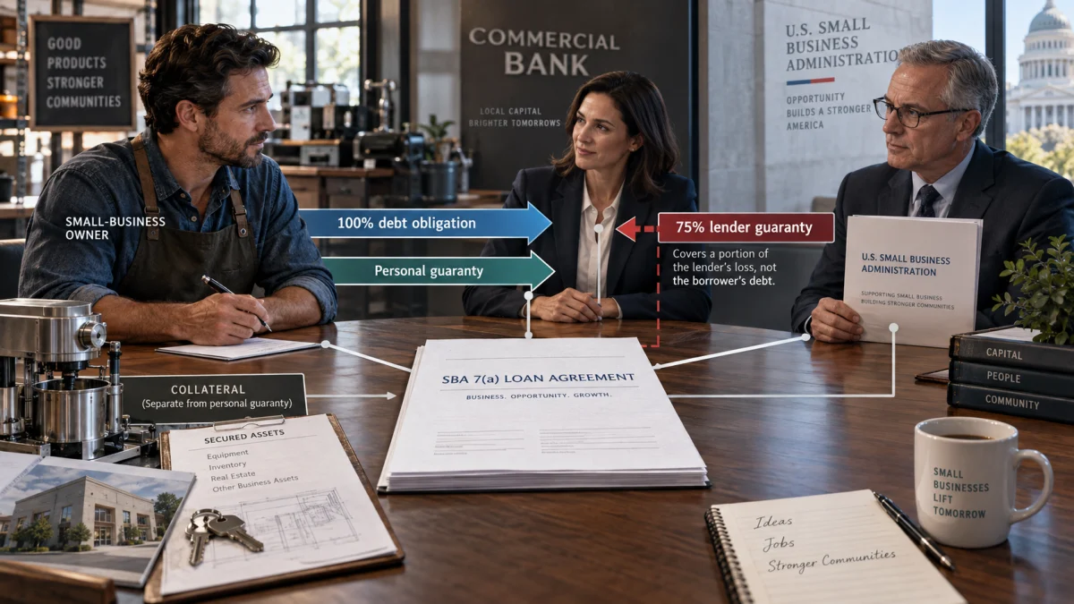 Business owner, lender, and SBA representative discussing an SBA 7(a) loan agreement with labels showing a personal guarantee, collateral, and lender guarantee.