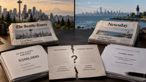 A staged tabletop scene with Seattle Times and Newsday newspapers, a $500,000 AI grant document, and papers about partnership, content rights, and a court complaint against OpenAI and Microsoft.