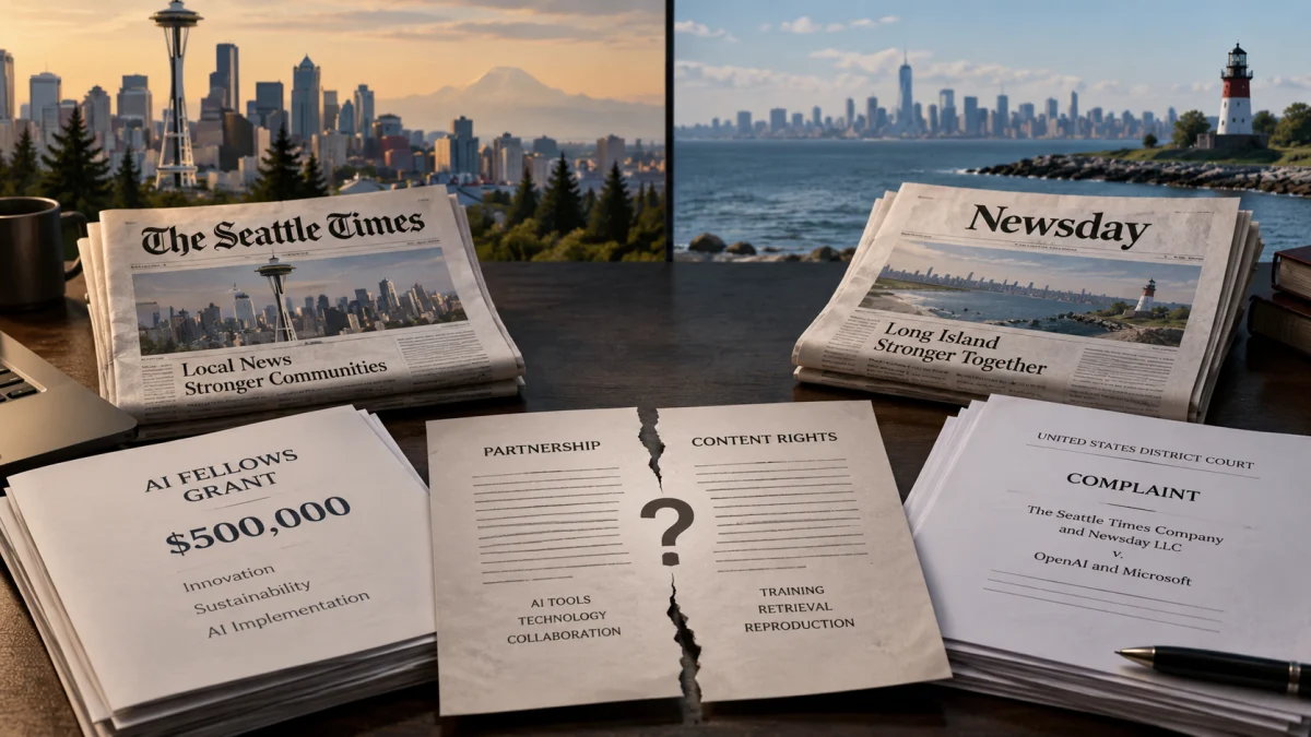 A staged tabletop scene with Seattle Times and Newsday newspapers, a $500,000 AI grant document, and papers about partnership, content rights, and a court complaint against OpenAI and Microsoft.