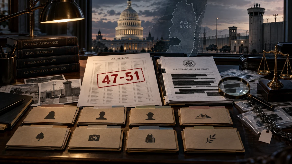 Symbolic desk scene with Senate vote tally, U.S. Capitol, West Bank map, and government files representing a rejected inquiry.