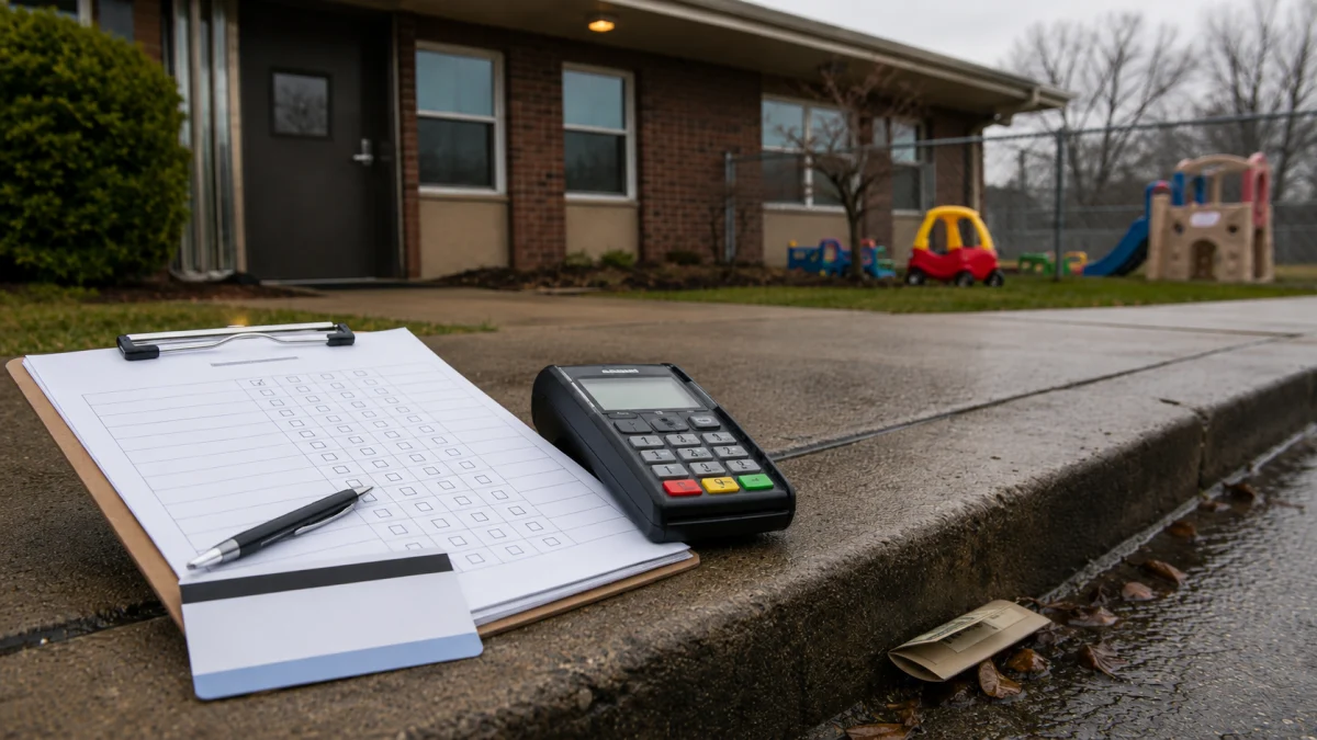 Clipboard, pen, and card reader placed on a curb outside a daycare building with playground equipment in the background.