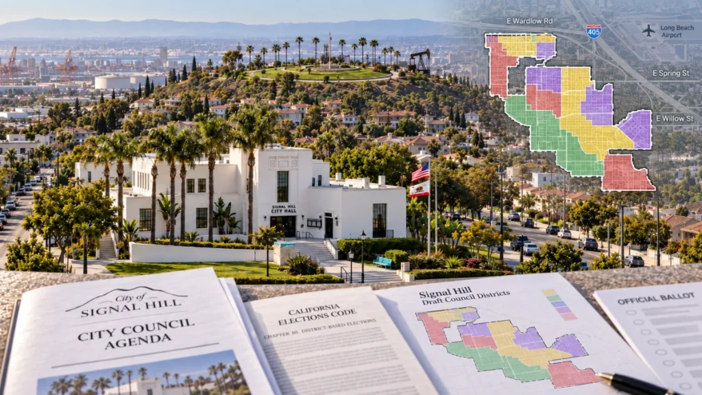 Signal Hill City Hall with draft council district maps and election documents in the foreground.