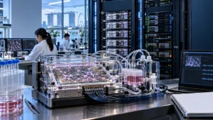 Researchers working in a high-tech lab with a brain-cell computing device, server racks, and monitors, with Singapore’s skyline visible outside the window.