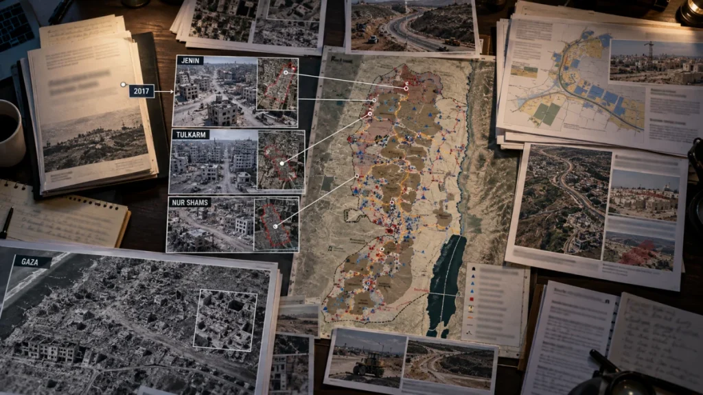 Desk covered with maps, aerial photos, and marked-up images of Gaza and West Bank locations, including Jenin and Tulkarm.