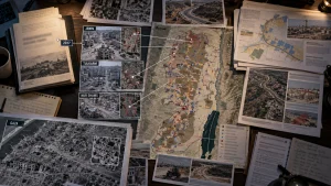 Desk covered with maps, aerial photos, and marked-up images of Gaza and West Bank locations, including Jenin and Tulkarm.