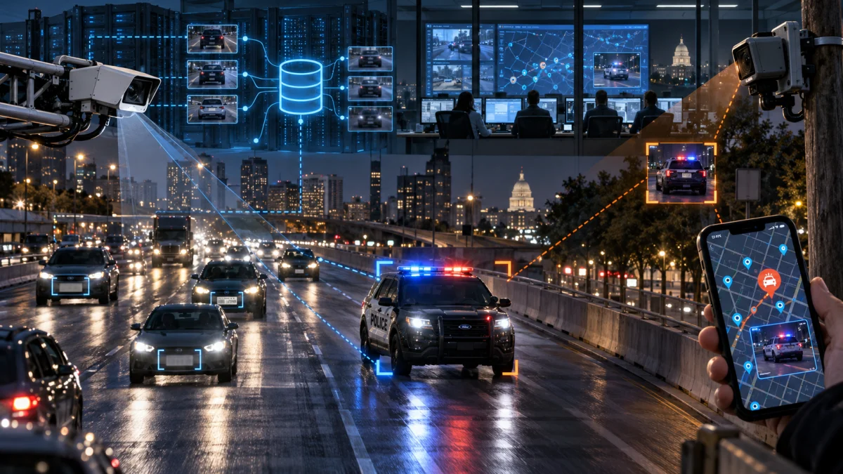 A composite image of highway traffic, police vehicles, surveillance cameras, monitoring screens, and a smartphone map interface tracking a police car at night.