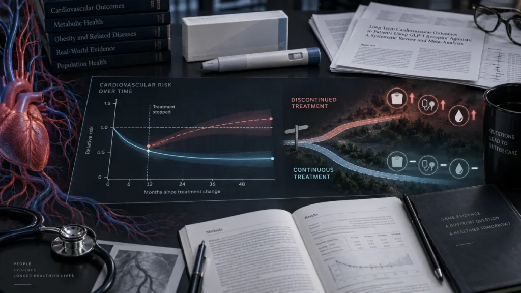 Medical desk scene with a cardiovascular risk chart comparing discontinued and continuous treatment, research papers, a stethoscope, and a pen.