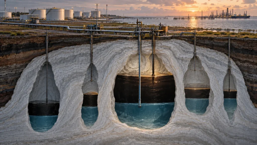Cross-section illustration of underground salt caverns storing oil for the U.S. Strategic Petroleum Reserve at sunset near an industrial coastline.