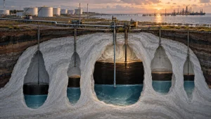 Cross-section illustration of underground salt caverns storing oil for the U.S. Strategic Petroleum Reserve at sunset near an industrial coastline.