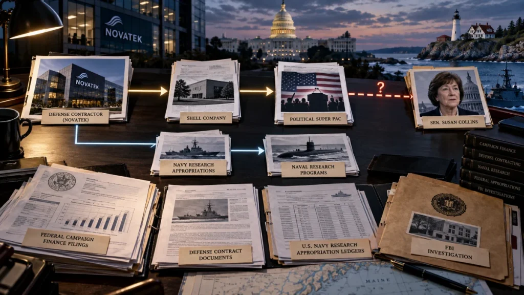 A desk display of labeled documents, folders, and photos linking Navatek, defense contracts, Navy research funds, political donations, and a portrait of Senator Susan Collins.