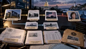 A desk display of labeled documents, folders, and photos linking Navatek, defense contracts, Navy research funds, political donations, and a portrait of Senator Susan Collins.