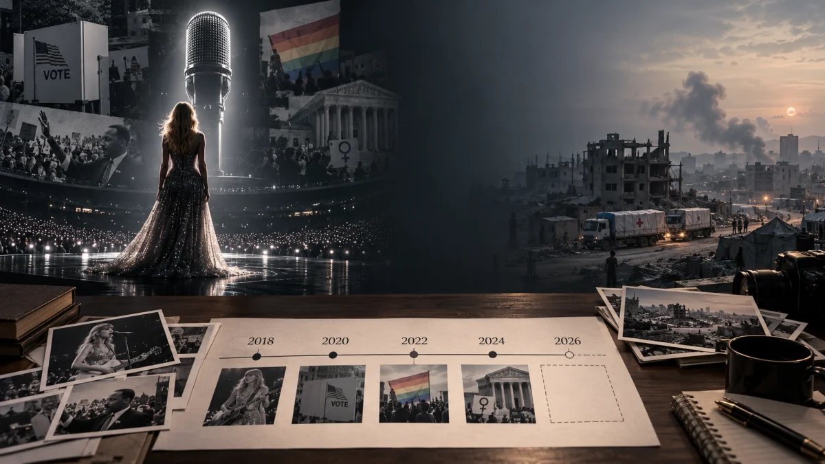 Composite image of Taylor Swift onstage, protest and political imagery, and a war-torn cityscape in Gaza.