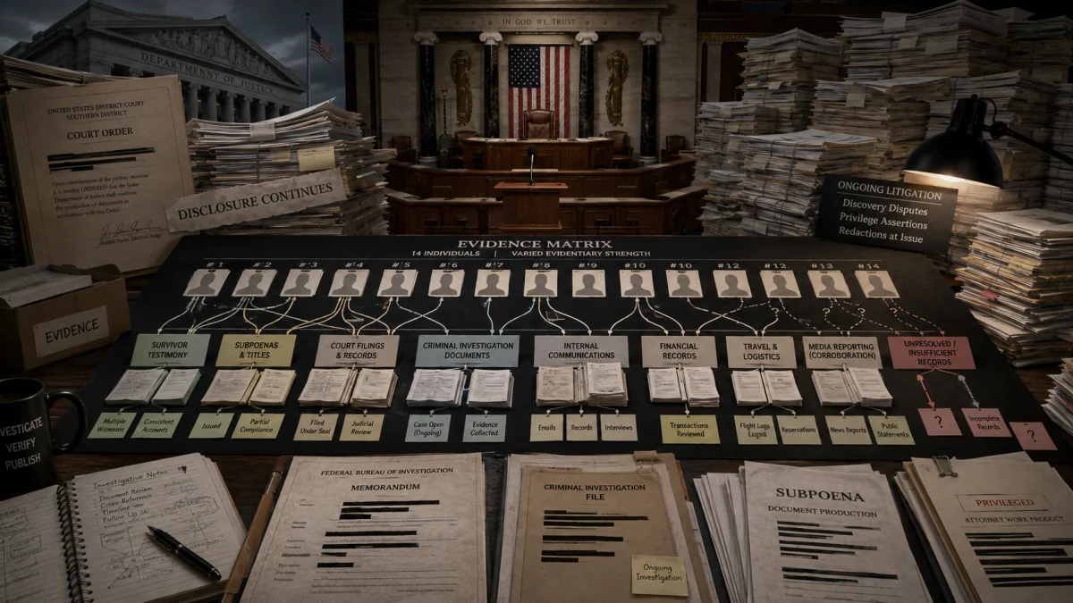 A staged legal evidence board surrounded by stacks of documents in a courtroom setting, with labels for subpoenas, records, testimony, and ongoing litigation.