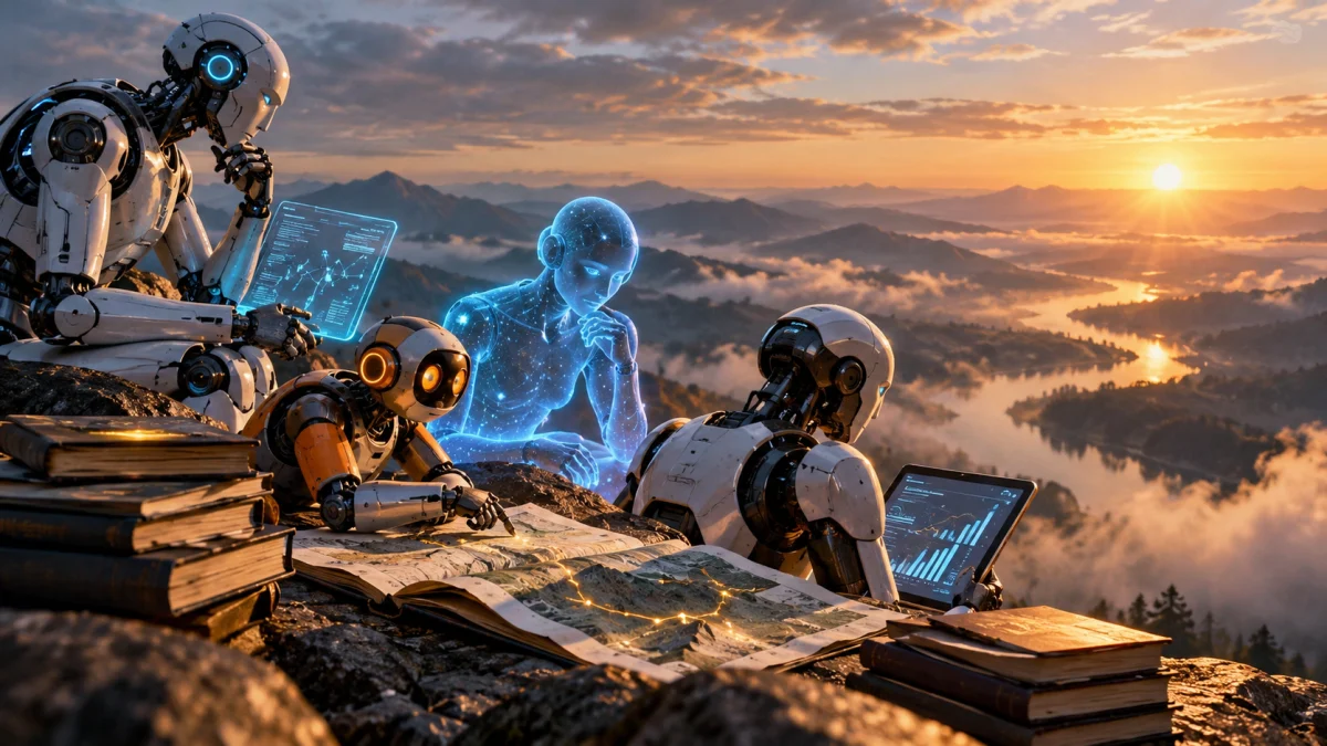 Robots and a glowing holographic figure study maps and digital screens on a mountaintop at sunrise.