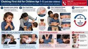 Infographic showing first aid steps for a choking child age 1 to 5, including 5 back blows, abdominal thrusts, chest thrusts for infants, CPR if unresponsive, and actions to avoid.