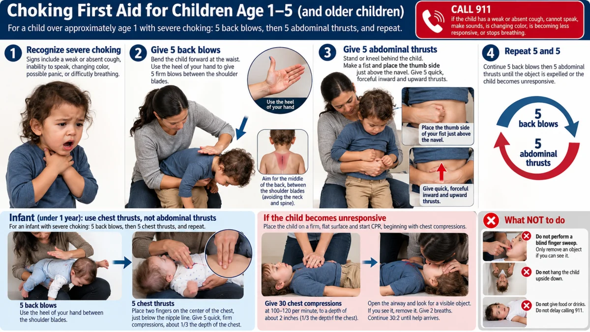 Infographic showing first aid steps for a choking child age 1 to 5, including 5 back blows, abdominal thrusts, chest thrusts for infants, CPR if unresponsive, and actions to avoid.