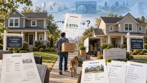 Illustration of a homeowner moving from one house to another with mortgage paperwork, a low interest rate, and mortgage underwriting graphics showing why the rate does not transfer.