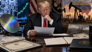A composite image of Donald Trump at a desk reviewing papers, with stock market charts, cash, oil pumps, and industrial imagery in the background.