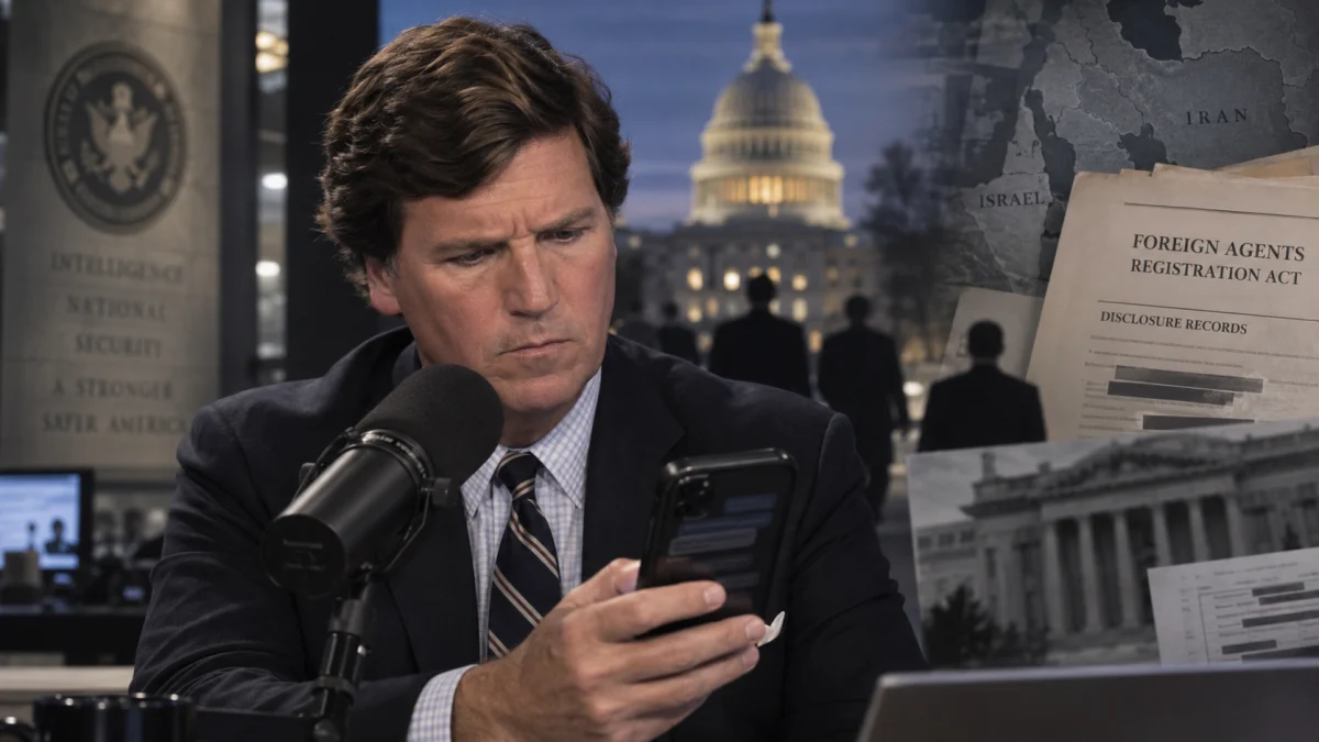 Tucker Carlson looks at his phone in a studio montage featuring the U.S. Capitol, CIA imagery, Iran and Israel map labels, and FARA documents.