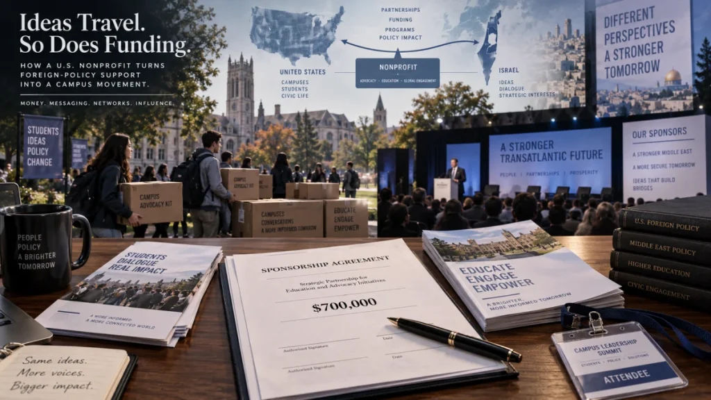 An editorial-style composite showing a $700,000 sponsorship agreement, campus advocacy materials, and political conference imagery tied to U.S.-Israel messaging.
