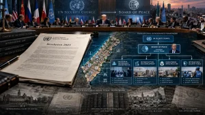 Illustration of a UN Security Council meeting and a Gaza governance framework diagram centered on Resolution 2803 and Donald Trump.