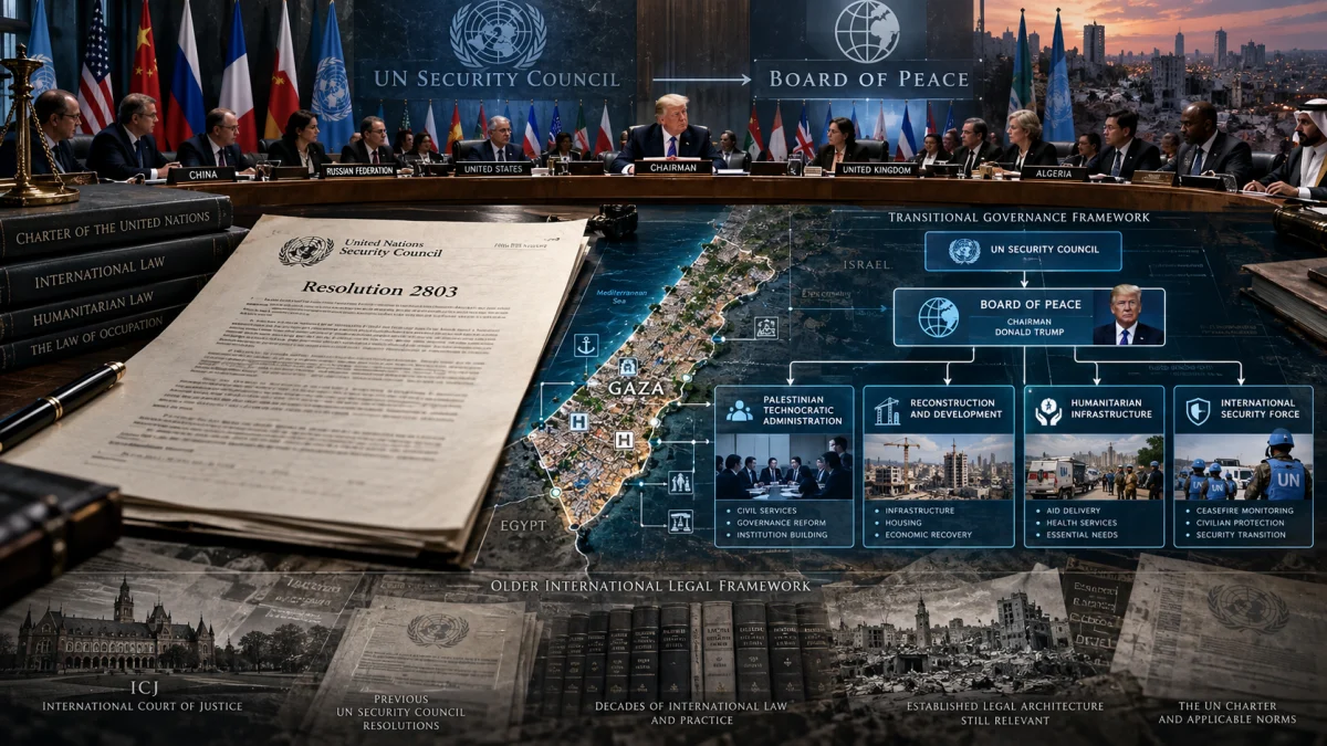Illustration of a UN Security Council meeting and a Gaza governance framework diagram centered on Resolution 2803 and Donald Trump.