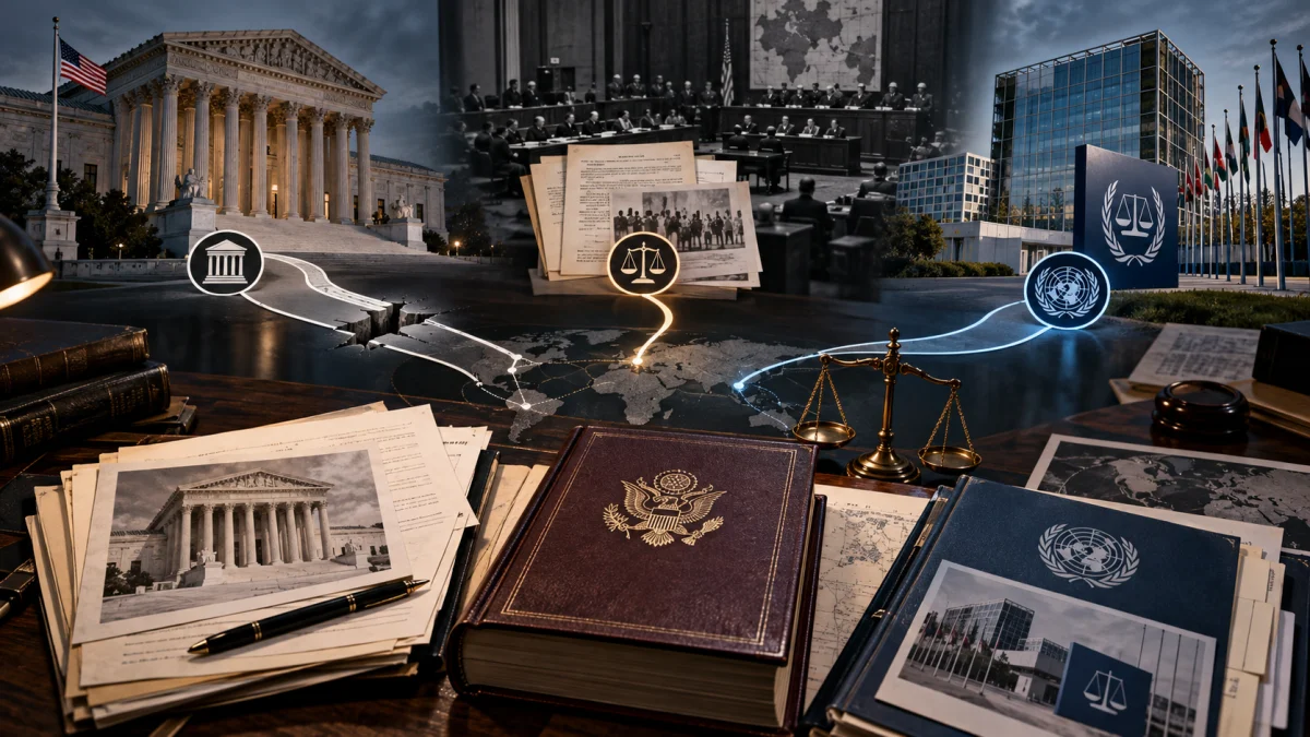 Collage featuring the U.S. Supreme Court, international courts, legal documents, law books, and justice symbols over a world map.