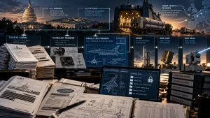 Collage showing U.S. Congress and Pentagon, stacks of taxpayer documents, defense technology blueprints, and Israeli missile defense systems including Arrow, Iron Dome, and Iron Beam.