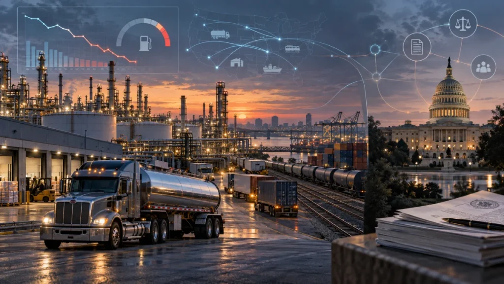 Diesel tanker trucks and refinery infrastructure at sunset with a supply chart, transport network icons, and the U.S. Capitol in the background.