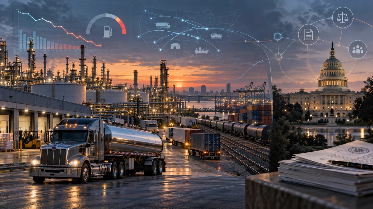 Diesel tanker trucks and refinery infrastructure at sunset with a supply chart, transport network icons, and the U.S. Capitol in the background.