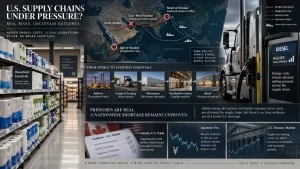 Infographic showing a grocery aisle, a diesel truck at a fuel pump, and a world map highlighting shipping disruptions and energy costs affecting supply chains.