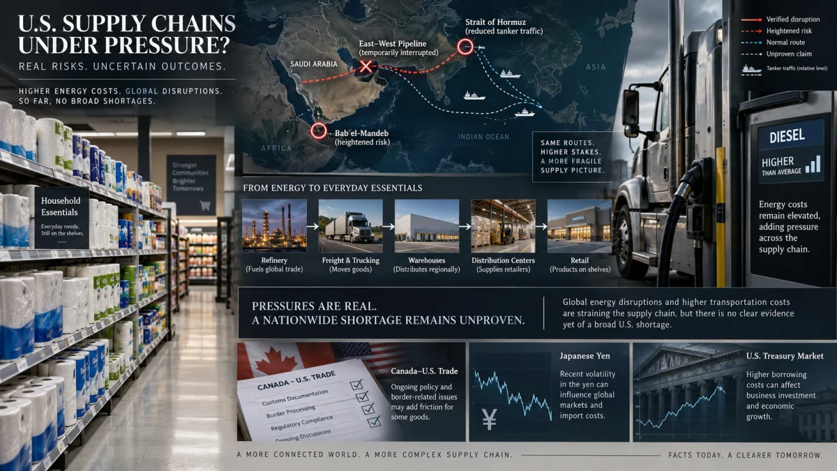 Infographic showing a grocery aisle, a diesel truck at a fuel pump, and a world map highlighting shipping disruptions and energy costs affecting supply chains.