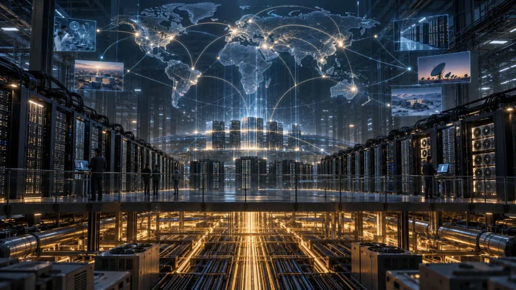 A futuristic data center interior with server racks, glowing network lines, and a world map showing connected nodes across continents.