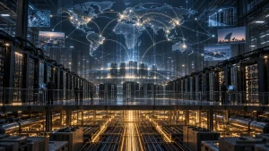 A futuristic data center interior with server racks, glowing network lines, and a world map showing connected nodes across continents.