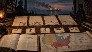 A dramatic historical tableau showing Confederate documents, a map of the United States in 1860, and labeled cards linking secession to slavery, slave property, fugitive slave enforcement, and territorial expansion.