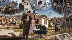 A collage-style scene of postwar America with a soldier, a newlywed couple, a nurse holding a baby, suburban home construction, and factory workers, illustrating the social and economic drivers of the baby boom.