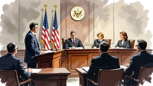 An attorney questions a witness in a courtroom before three judges, with American flags and the U.S. seal in the background.
