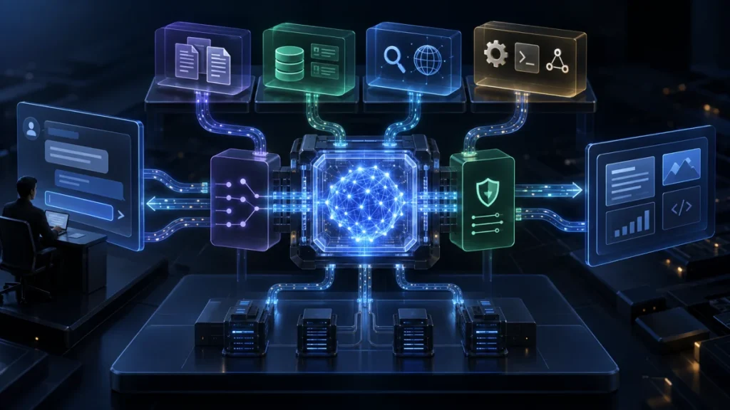 A futuristic diagram showing AI middleware connecting models, data sources, security, and user interfaces around a central AI engine.