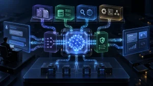 A futuristic diagram showing AI middleware connecting models, data sources, security, and user interfaces around a central AI engine.