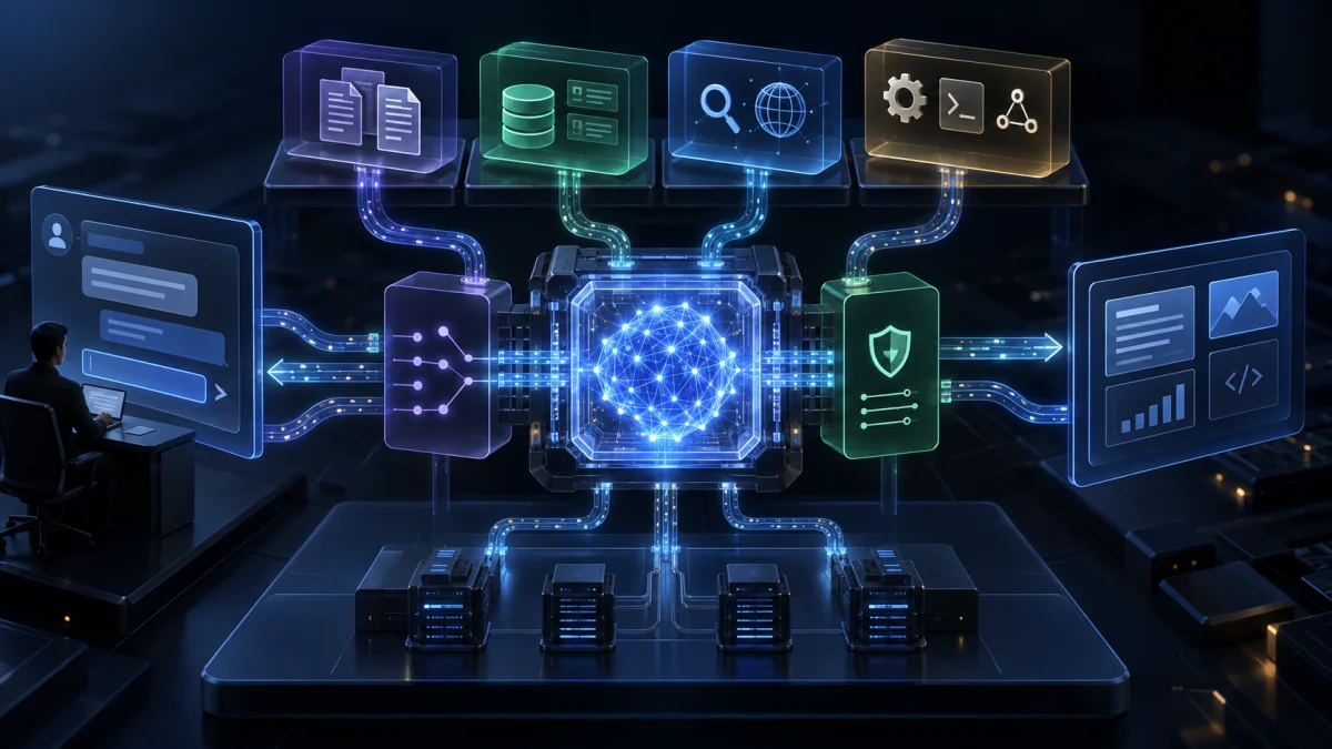 A futuristic diagram showing AI middleware connecting models, data sources, security, and user interfaces around a central AI engine.