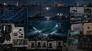 Composite investigative graphic showing the Nord Stream gas pipelines underwater, a Baltic Sea route map, boats and diving equipment, and evidence boards with documents and photos.