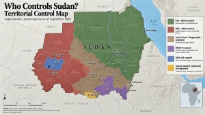 Map of Sudan showing territorial control by SAF, RSF, and allied forces, with contested front lines and major cities labeled.