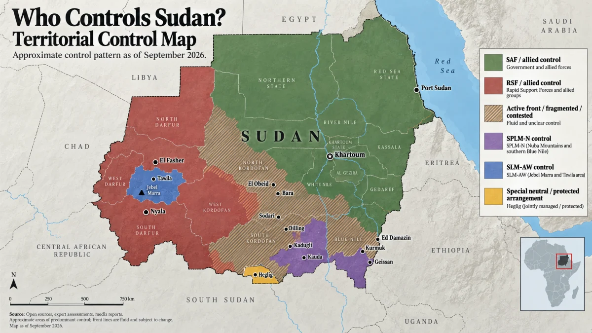 Map of Sudan showing territorial control by SAF, RSF, and allied forces, with contested front lines and major cities labeled.