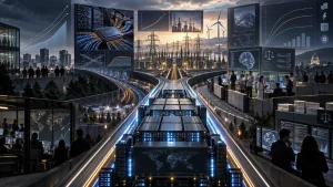 Futuristic data centers, engineers, and market charts illustrating AI infrastructure, energy demands, and growth trends.