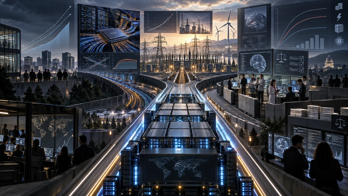 Futuristic data centers, engineers, and market charts illustrating AI infrastructure, energy demands, and growth trends.